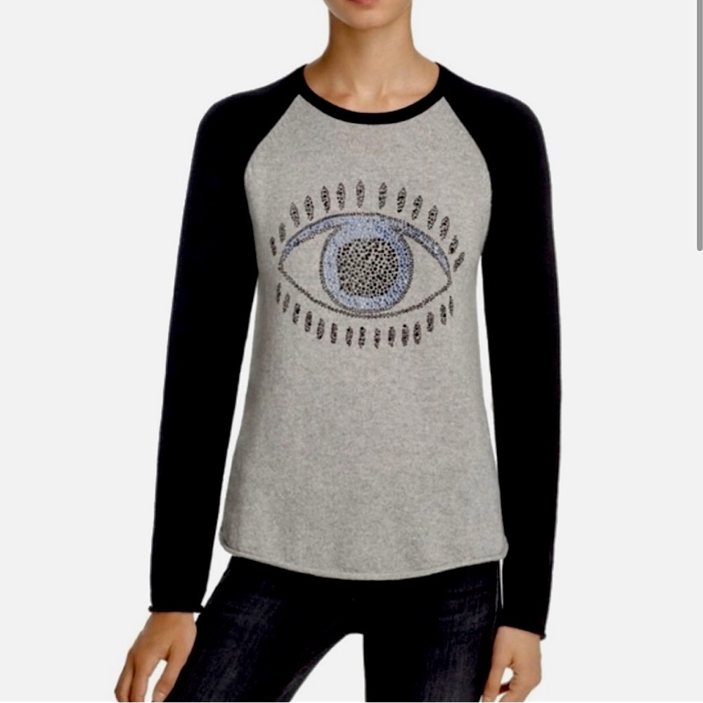 AQUA Cashmere Evil Eye Grey Blue Gem Studded Embellished Pullover Sweater